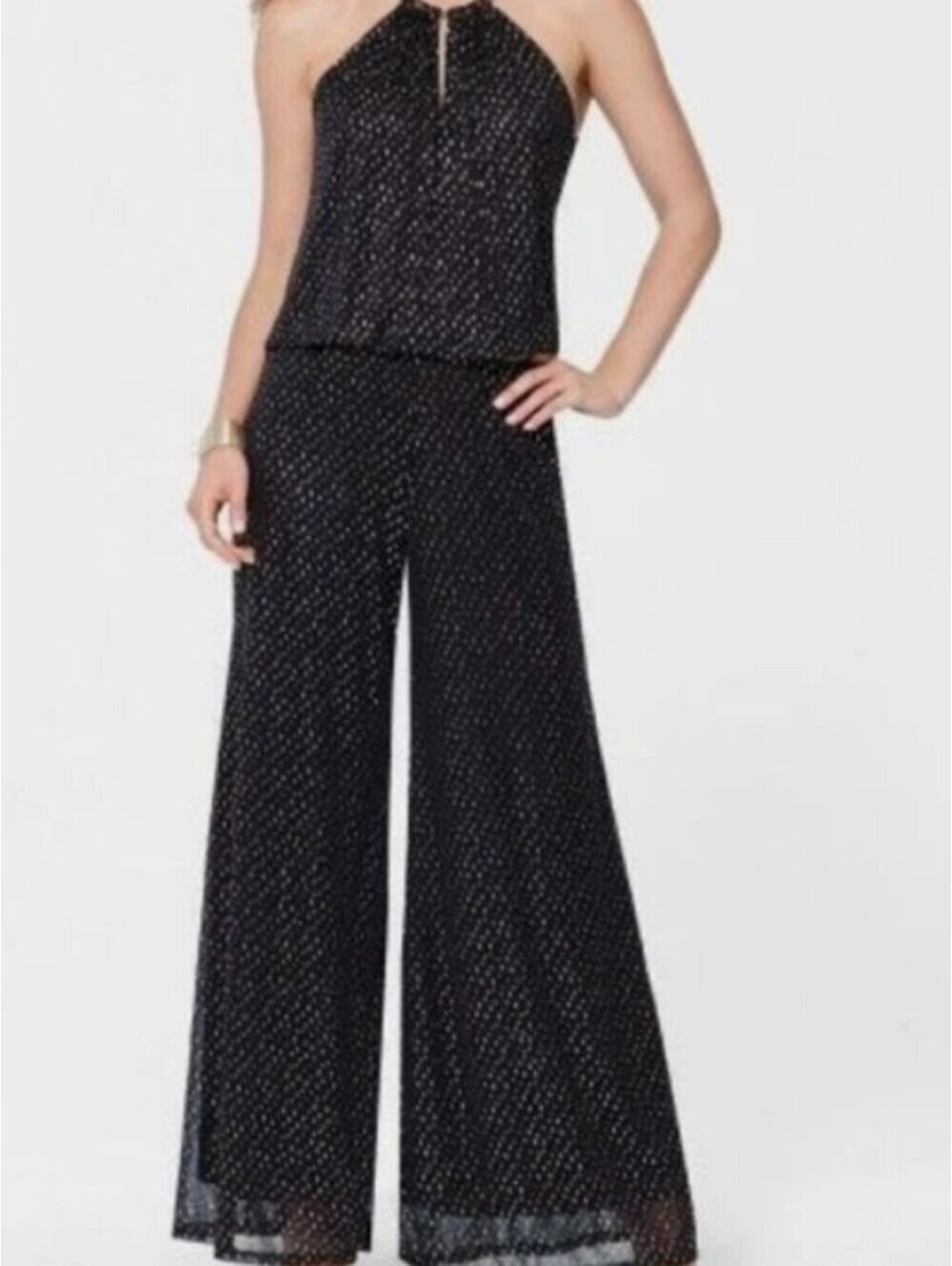 Cache Black Gold Formal Evening Wide-leg Jumpsuit Halter Neck Size large